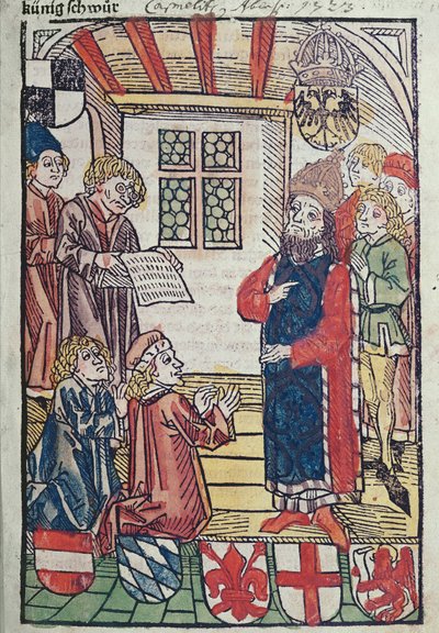 The King of the Romans, Sigismund of Luxemburg, receives the homage of Duke Frederick of Austria by Ulrich von Richental